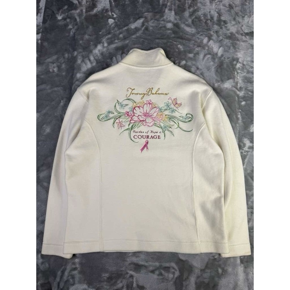 Tommy Bahama Beige Breast Cancer Awareness Embroidered 1/4 Zip Sweater Sz Small